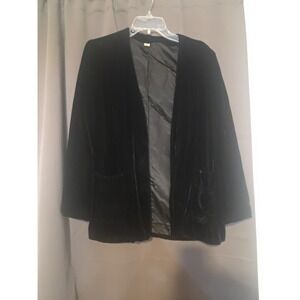 Black Velvet Vintage Jacket, Women's Medium 3/4 Sleeve Open Front Blazer, Office